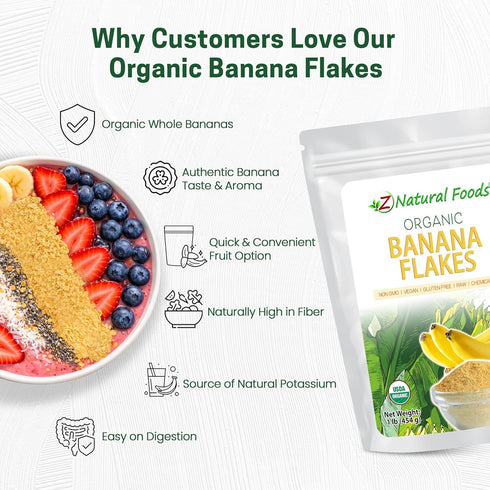 1 lb Z Natural Foods Organic Banana Flakes - Crisp Ripe Bananas for Potassium & Fiber Support, Digestive Health, Skin