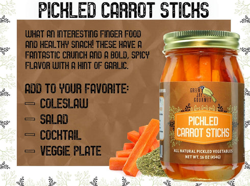 16 Green Jay Gourmet Spicy Pickled Carrot Sticks in a Jar - Fresh Hand Jarred Vegetables for Cooking & Pantry Home