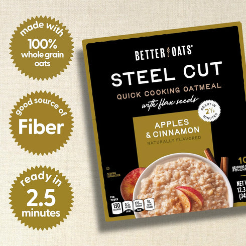 Packets, 12.3 OZ 10 (Pack 6) Better Oats Steel Cut Instant Oatmeal Apples and Cinnamon Flavor with Flax Seeds and Whole