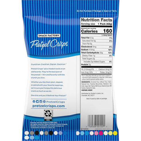 Pack 1.5 Oz (Pack 24) Snack Factory Pretzel Crisps Original Flavor, Snack Individual Size