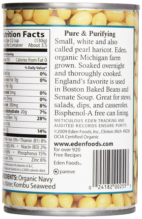 15 oz Eden Organic Navy Beans, Can, Dry, Organic, Pearl Haricot, Yankee Bean, Boston Bean, Non-GMO