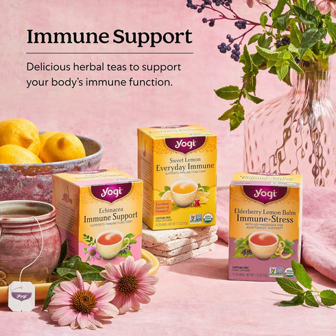 Immune 16 4 Packs Yogi Tea Elderberry Lemon Stress & Support Tea - Tea Bags, - With Ashwagandha, Lemongrass, Licorice