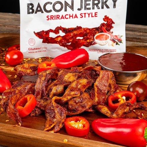 12g (2 Sriracha Flavored Bacon Jerky, Protein Per Bag, Tender & Easy to Chew Fully Cooked Bacon, USA Made, High Protein