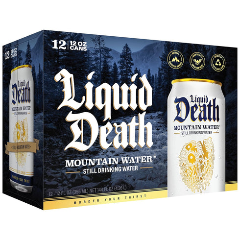12 Oz (Pack 12) Liquid Death Still Mountain Water, Real Mountain Source, Ice-Cold Cans, Infinitely Recyclable, Fl