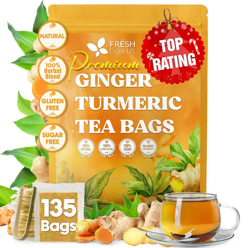 FreshDrinkUS, Premium 135 Ginger Turmeric Tea Bags, 100% Natural Ingredients, Hand-made Blend