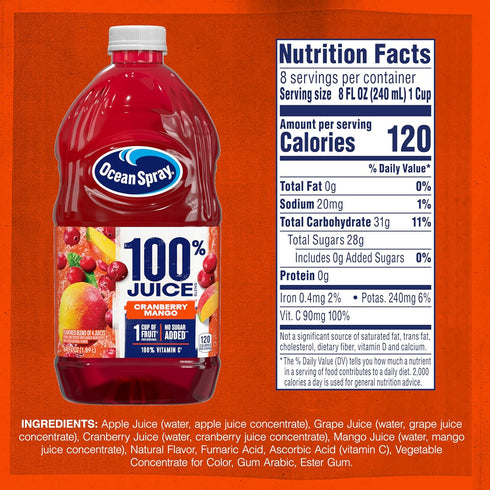 100% 64 Oz Ocean Spray Juice Cranberry Mango Juice Blend, Fl Bottle