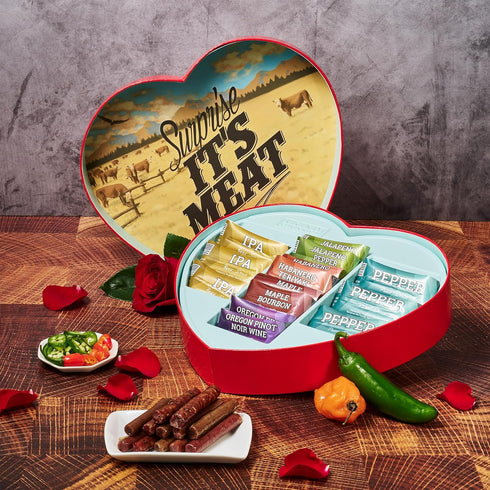 14 Man Crates Gift for Men Meat Heart with Beef & Pork Sticks Heart-Shaped Meat Snack Box for Him, Boyfriend, Husband