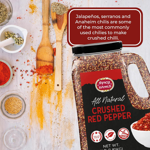 Spicy World 4 LB (64 Oz) Crushed Red Pepper Flakes Bulk Jar - All Natural, Pure, Chilli Flakes Hot Pepper, Great on