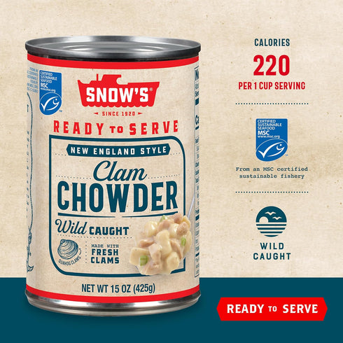 15 oz 13g Snow's New England Clam Chowder, Can - Protein per Serving - Ready-to-Serve Authentic New England Style