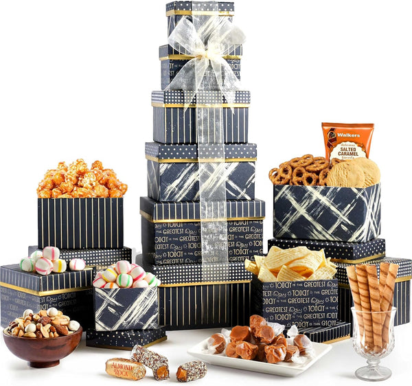 Broadway Basketeers Gourmet Food Gift Basket 6 Box Tower for Birthdays Curated