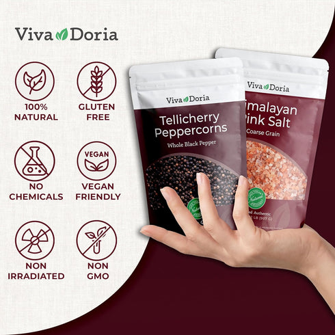 12 oz 2 lb 2 Set Viva Doria Tellicherry Whole Black Peppercorns, & Himalayan Pink Salt, Coarse Grain, | Salt and Pepper