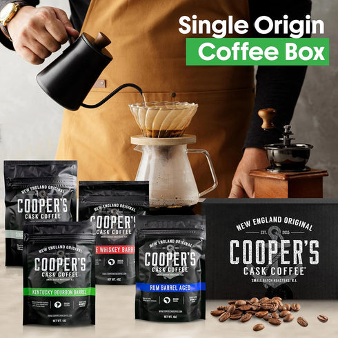 Set 4-Bag 4 (Pack 4)) Bourbon & Whiskey Barrel Aged Coffee Box - Roasted Coffee Sampler - Bourbon Colombian, Malt