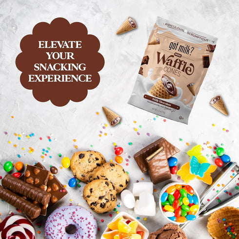 4.24 Oz. 119g Pack got milk? Mini Waffle Cones, Milk Chocolate, / Resealable Bag, Delicious Milk Chocolate Filled