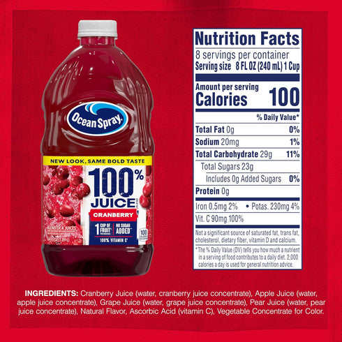 100% 64 Oz (Pack 8) Ocean Spray Juice, Cranberry, Fl Bottle