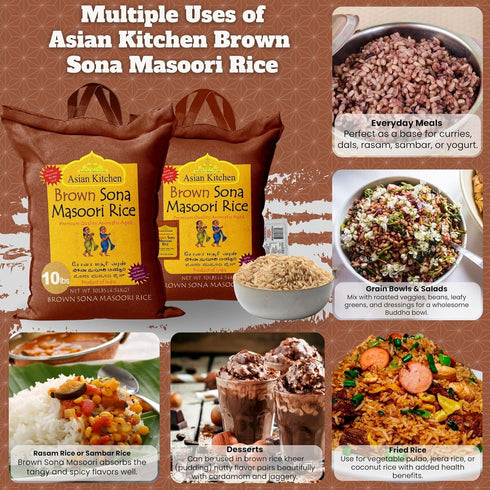 10-Pound 10lbs (4.54kg) Asian Kitchen Brown Sona Masoori Aged Rice Bag, Short Grain Rice ~ All Natural | Gluten