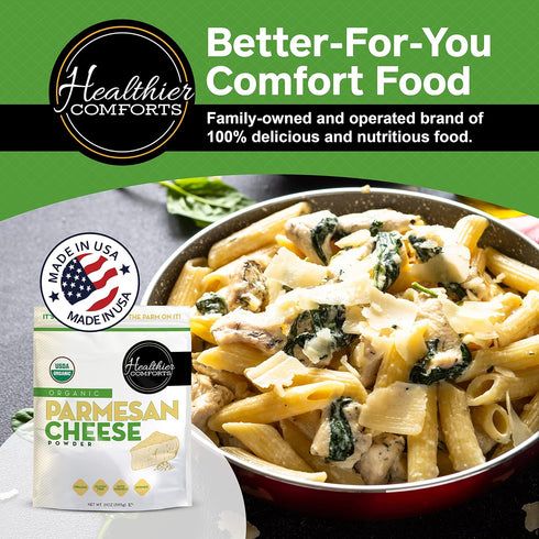 (21 oz) Healthier Comforts Organic Parmesan Cheese Powder - Real Aged Cheese Flavor Enhancer for Popcorn & Pasta.