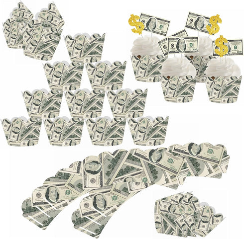 The DaPai 48Pcs 100 Dollar Bill Cupcake Wrappers and Toppers Set Currency Symbol Cupcake