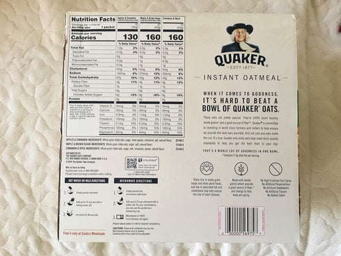 52 packets Quaker Instant Oatmeal (Apples & Cinnamon; Maple & Brown Sugar; Cinnamon Spice)