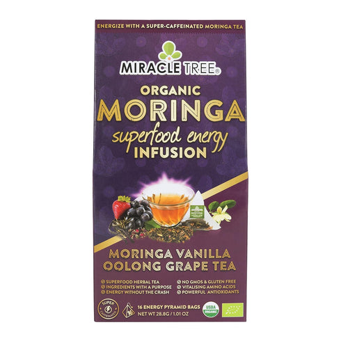 Miracle Tree's Moringa Energy Tea, Vanilla Oolong Grape, Organic Certified Healthy Coffee Alternative, 16 Pyramid