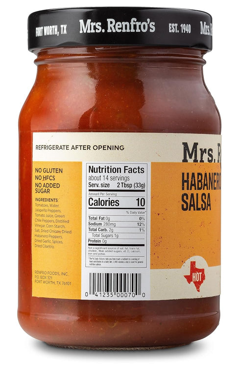 16-oz (Pack 4) Mrs. Renfro's Habanero Salsa | Gluten Free, No Added Sugar, No HFCS, Jar
