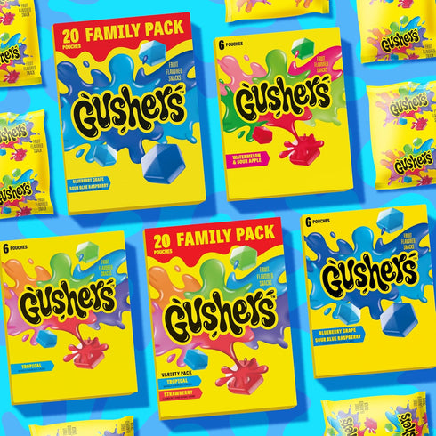 8 34 oz Gushers Fruit Flavored Snacks, Super Sour Berry Flavor, Pouches