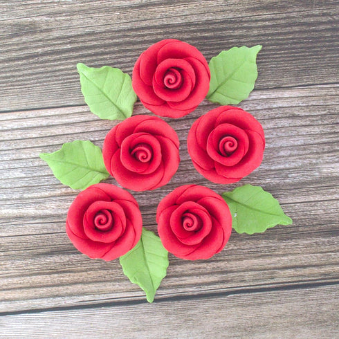 24 Count Global Sugar Art Premium Wedding & Party Edible Rose Cake & Cupcake Sugar Flowers, Red, with Leaves by Chef