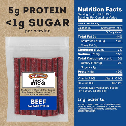 Old Wisconsin 14 Package Beef Sausage Snack Sticks, Naturally Smoked, Ready to Eat, High Protein, Low Carb, Keto