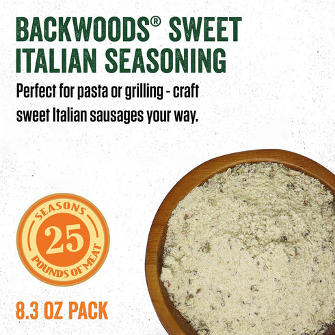 25 8.3 Packet LEM Products Backwoods Sweet Italian Fresh Sausage Seasoning, Ideal for Wild Game and Domestic Meat
