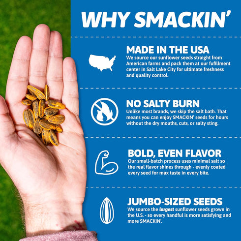 1.5oz (11 pack) SMACKIN' Sunflower Seeds, Roasted Jumbo Small-Batch, American Made - Variety, bags