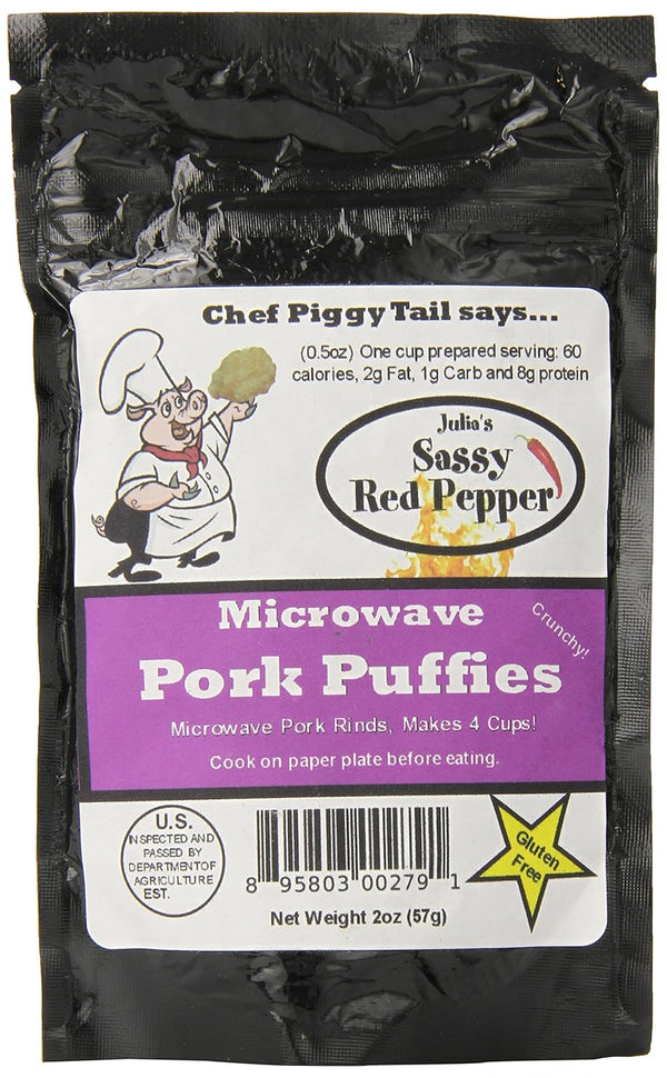 Chef Piggy Tail Microwave Pork Puffies Pork Rinds, Sassy, 2 Ounce