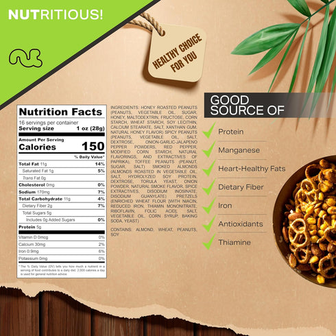 (16oz 1 LB) Packed NUT CRAVINGS - Party Bar Nut Mix, Sweet & Savory Pub Snack - Smoked Almonds, Pretzels, Toffee