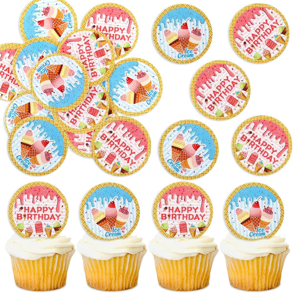 40 Pack Edible Ice Cream Cupcake Toppers - Ercadio Birthday Party Decorations for Kids Summer Theme