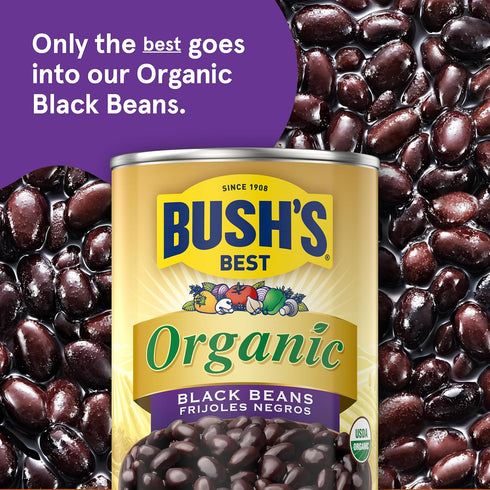15 oz (Pack 12) BUSH'S BEST Canned Organic Black Beans, Source of Plant Based Protein and Fiber, Low Fat, Gluten Free