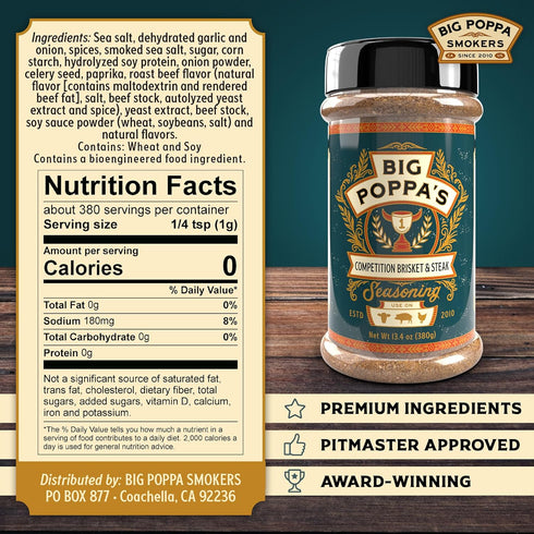 (13.4 Oz) Big Poppas Competition Brisket & Steak Rub Beef Seasoning for Brisket & Burgers Bold Savory Flavor