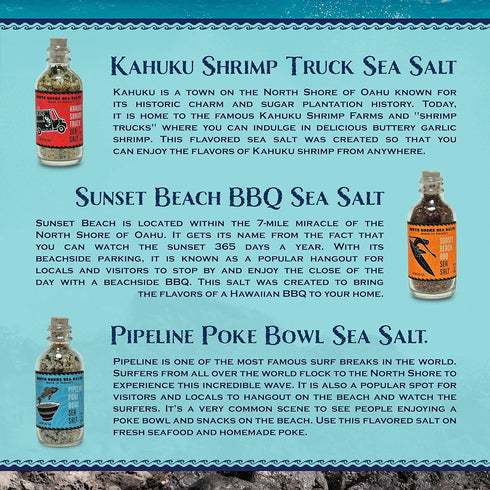 Pack, 3-2oz. Sunset Sea Salts of Hawaii North Shore Sea Salts Variety Bottles of Sea Salt - Pipeline Poke, Beach BBQ