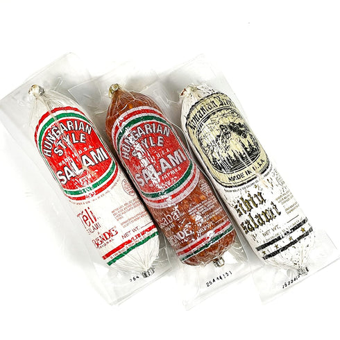 Pack 3, Sibiu, Csabai, Teli Salami, Hungarian and Romanian, Pork and Paprika Brand Dry Aged Sausages, of Gourmet Gift