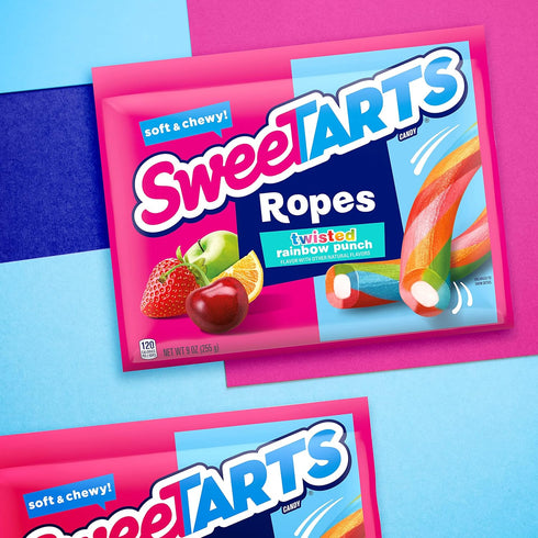 9 oz (Pack 3) SweeTARTS Ropes, Candy, Twisted Rainbow Punch, Soft and Chewy