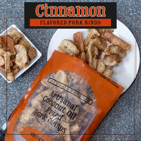 8 oz Pack 1) Ol' Uncle Porkers Keto-Friendly Pork Rinds Fried in Coconut Oil, Bags, (Cinnamon Churro Flavor