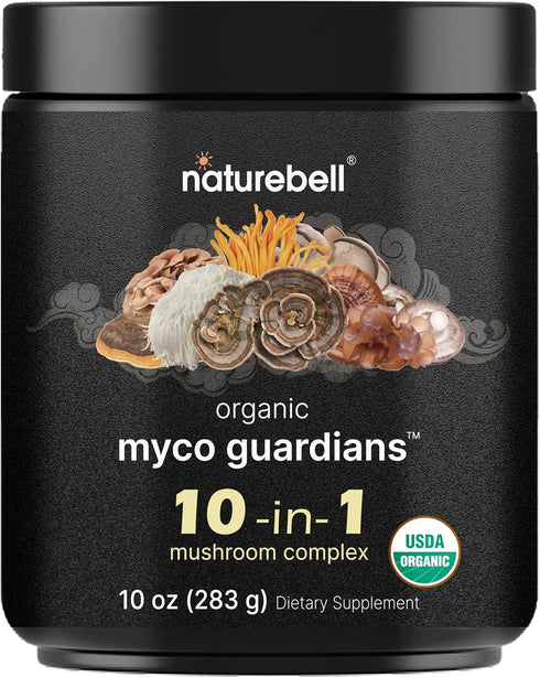 NatureBell Organic Mushroom Powder, 10oz | 10-in-1 Adaptogenic Blend with Lions Mane,