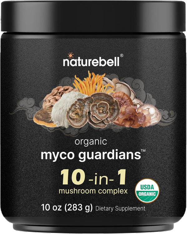 NatureBell Organic Mushroom Powder, 10oz | 10-in-1 Adaptogenic Blend with Lions Mane,