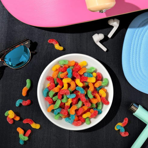 Gummy 18 oz (30 Trolli Mini Sour Brite Crawlers Candy, Cherry-Lemon, Strawberry-Grape & Orange-Lime, Sweet and Sour