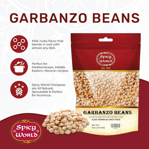 Spicy World 4 LB Hummus Garbanzo Beans - Chickpeas Dried Bag - All Natural, Sproutable, Perfect for - by