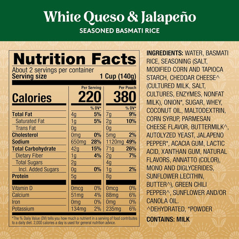 8.5 oz (Pack 6) Royal White Queso & Jalapeno Basmati Rice - Ready to Heat Basmati Rice - Microwavable Pouch