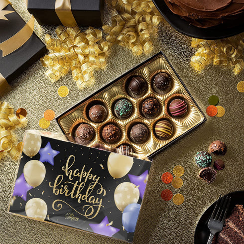 Empire Delights 12 6 oz Happy Birthday Chocolates - Assorted Milk & Dark Chocolate Truffles - Gourmet Box - Birthday