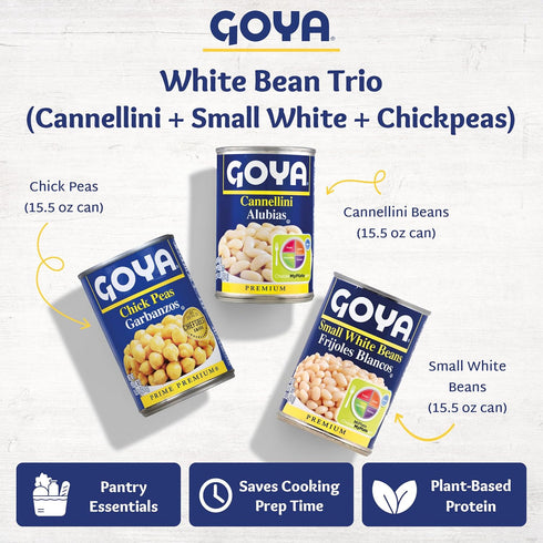 15.5 oz Goya White Bean Trio, Cannellini, Small Canned White Beans, Chick Peas, Pantry Staples for Salads, Soups