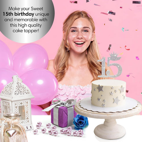 Number 15 Quinceanera Rhinestone Princess Crown Monogram Cake Topper for Sweet 15th Birthday Party (Silver)