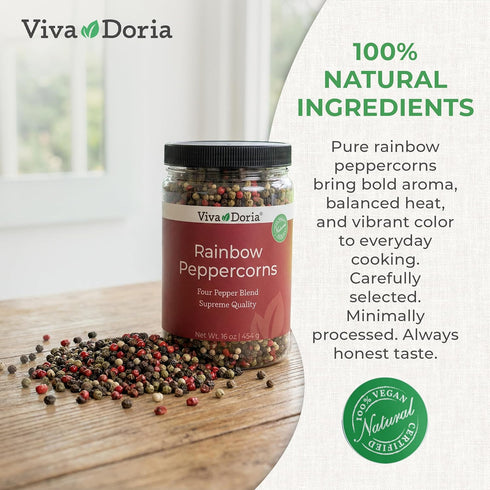 16 Oz, Viva Doria Rainbow Blend Peppercorn, Steam Sterilized Whole Black/Green Pepper, Whole Pink/White Pepper