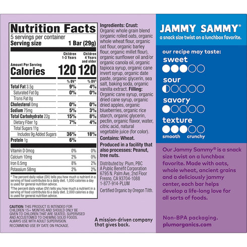Plum Organics Jammy Sammy Snack Bars, Blueberry and Oatmeal, 1.02 oz Bars (Pack of 30)