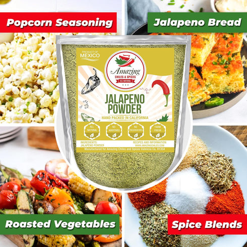 Jalapeno Powder Seasoning 4oz - Natural Premium Spice for Chili, Salsa, Stews, Tacos, Medium to High Heat