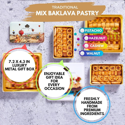 8.5oz, Cerez Pazari Baklava Pastry Baklava Gift Box with Rich Pistachios, Walnuts, Hazelnuts and Cashews, Halal Shatila